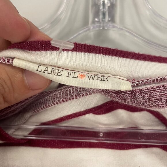 Lake Flower Striped Shift Dress 3/4 Sleeve Burgundy/White Size Medium Belted - Picture 8 of 9